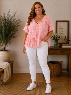 Time and Tru Pink Gingham Peplum Tie-Neck Top